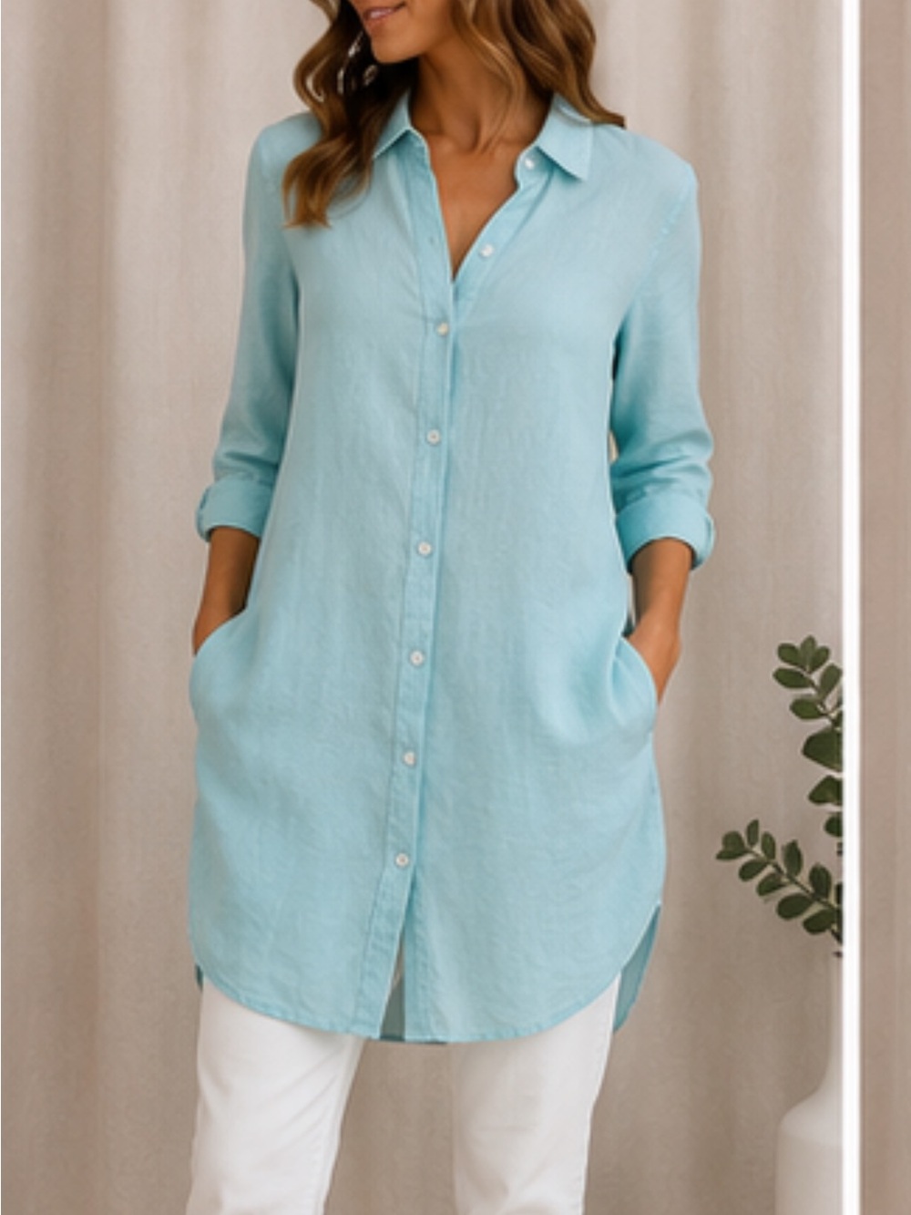 Pure Amici 100% Linen Longline Tunic Shirt Dress Aqua Blue Size S